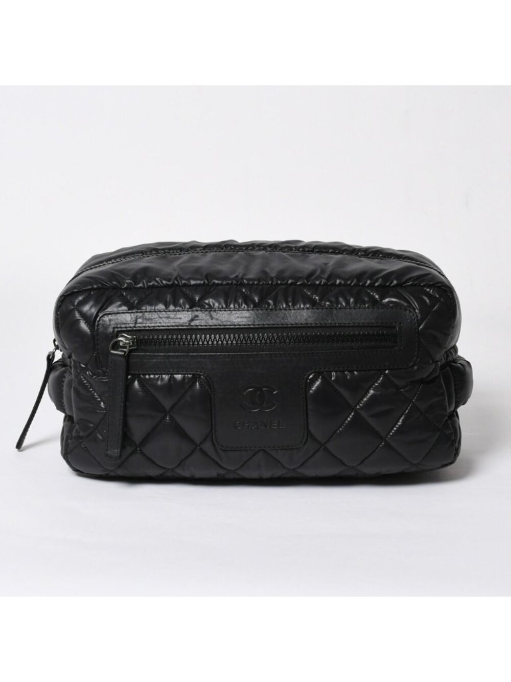 Chanel Coco Cocoon Clutch Black Nylon Calfskin Makeup Pouch Silver